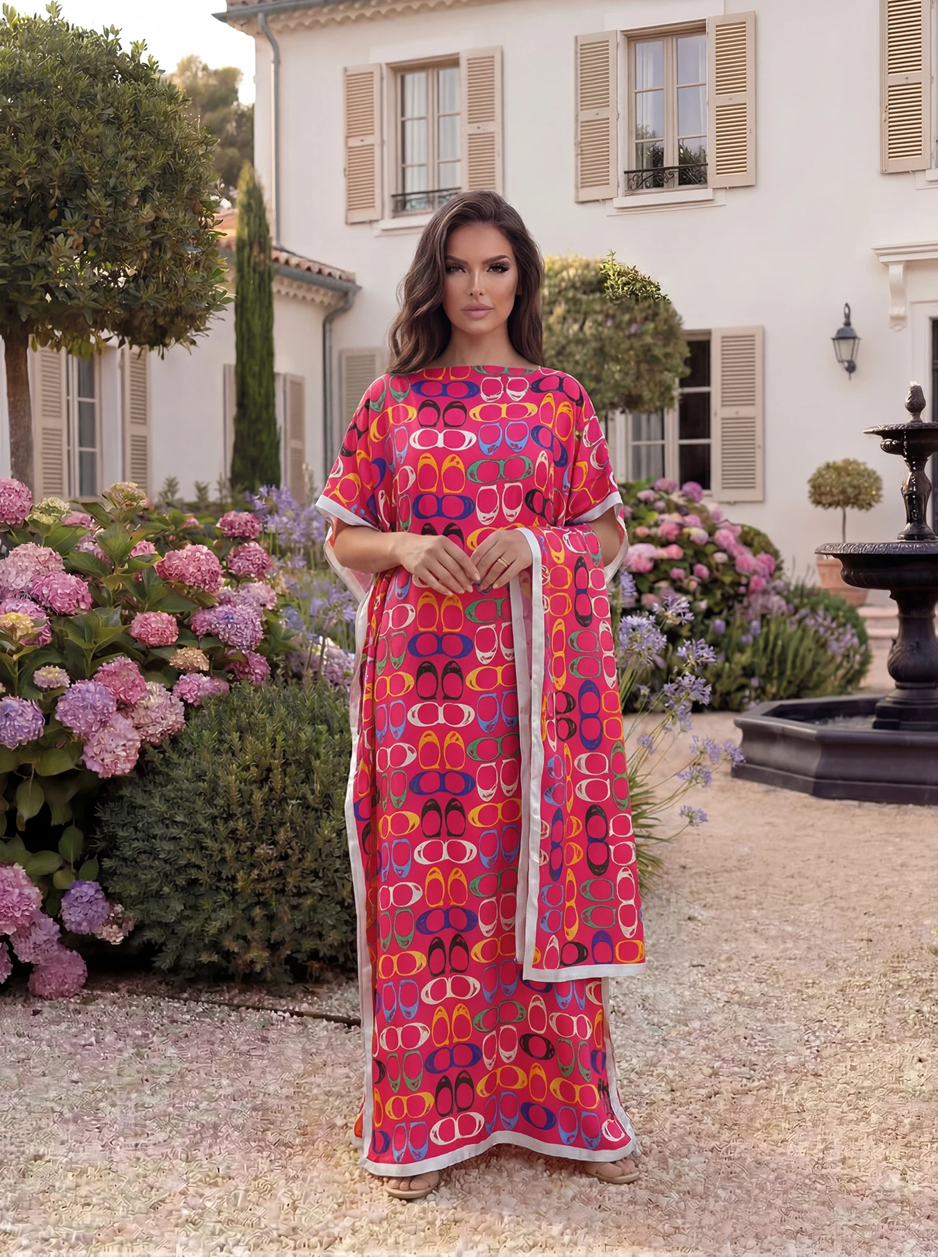 Geometric Ring Print Abaya with Matching Scarf, Loose Long Robe, Summer Beach Vacation Outfit for African Muslim Ladies