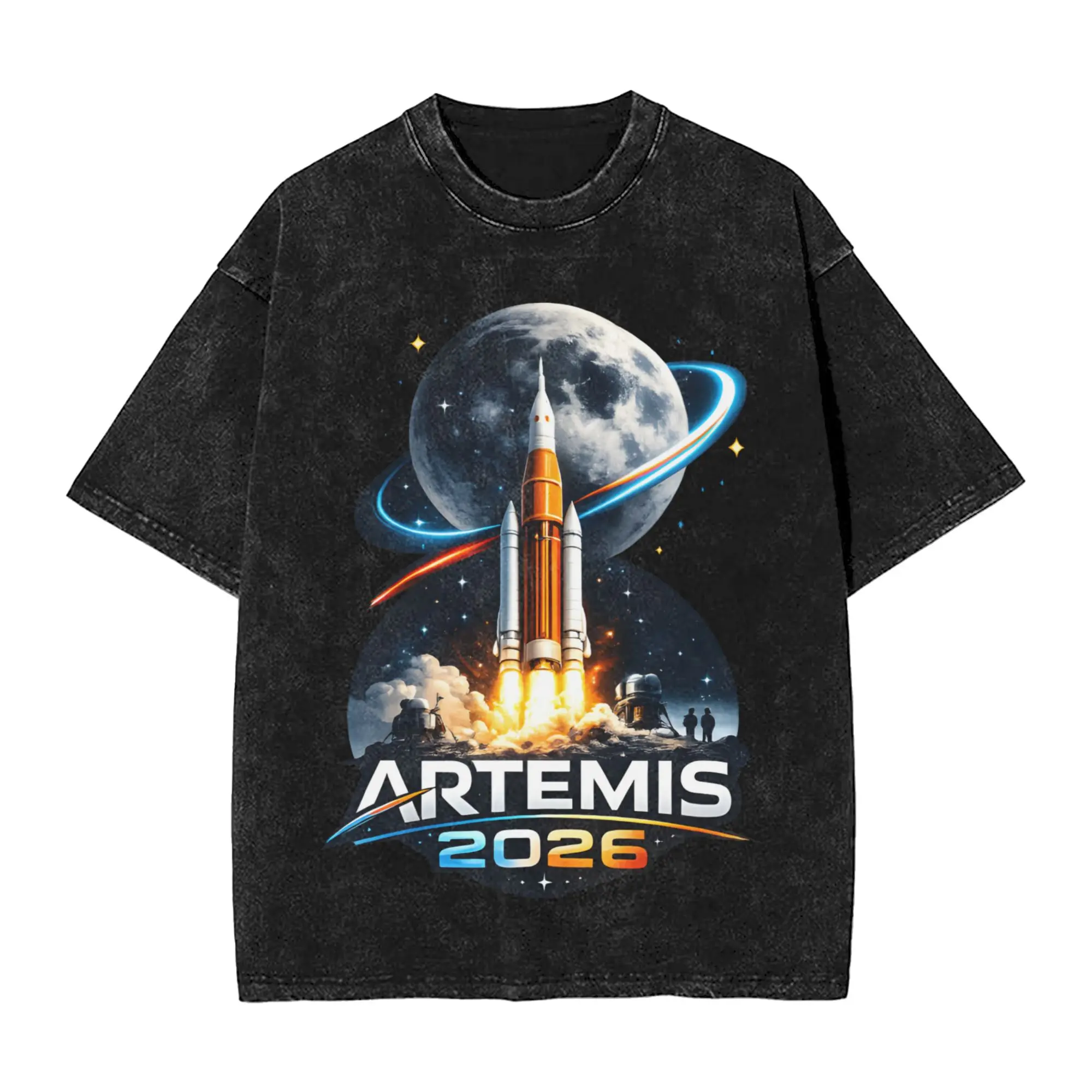 Men T Shirt Artemis II Launch To The Moon 2026 Washed T Shirts Harajuku  Summer Tees Vintage Loose Cotton Clothing Birthday Gift