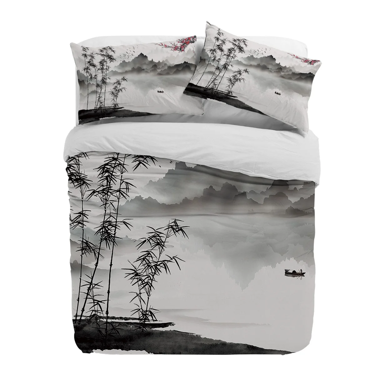 

Chinese Ink Landscape Painting Bamboo Duvet Cover With Pillow Case Custom 3pcs Bedding Set Quilt Cover Double Bed Home Textile