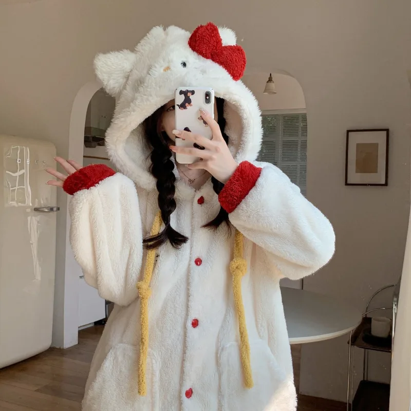 Sanrio Hello Kitty Women Winter Coral Fleece Sleepwear New Thickened Warm Long Sleeve Home Clothes Sweet Y2k Girl Hooded Pajamas