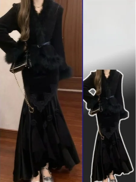 

plus Size Winter Faion Set with Fluffy Jaet And Fi Tail Skirt Floral Patchwork Ele Sle for Young Women Teenagers