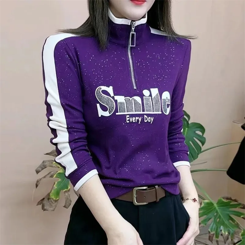 秋冬プラスベルベット底シャツ女性デザインレターファッション長袖セーターパッド入り暖かいジッパープルオーバートップス