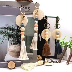 Colorful Wood Beads Tassels Keychain Blank Wood Chips Keyring Bohemian Phone Lanyard Ornament Accessory for Key Bag Purse