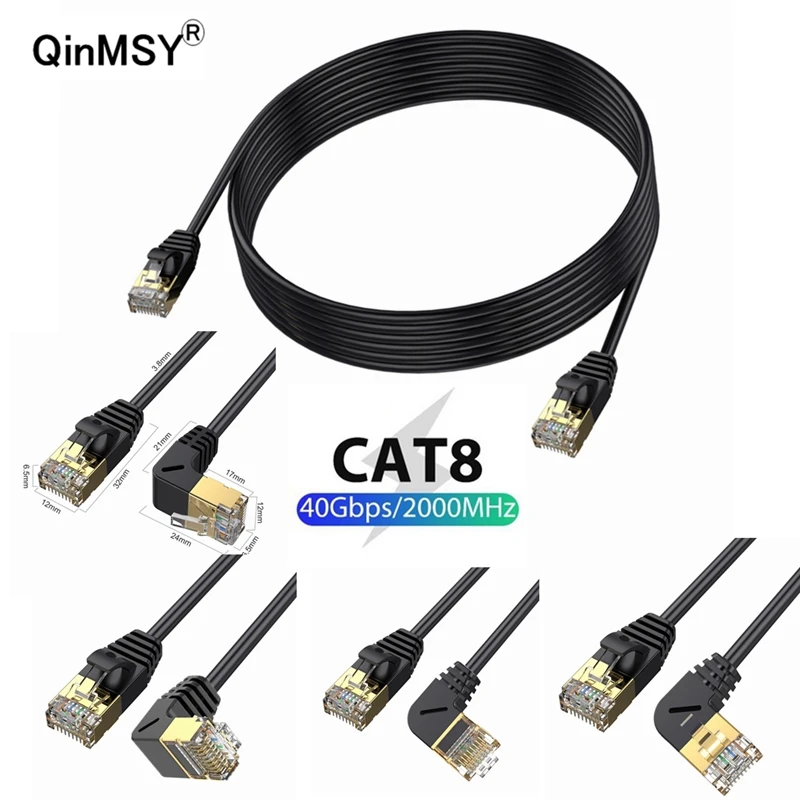 Cabo Ethernet Cat8 Ultra Slim, Rede Lan, 90 Graus, Cima para baixo, Esquerda, Ângulo de Internet, 40Gbps, SFTP, RJ45, RJ45