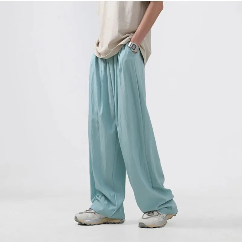บาง Cooling ICE Silk Casual กางเกงชายฤดูร้อน Cool หลวมกว้าง Baggy กางเกงตรงสําหรับชาย XXXL ปกติ Fit Luxury VINTAGE