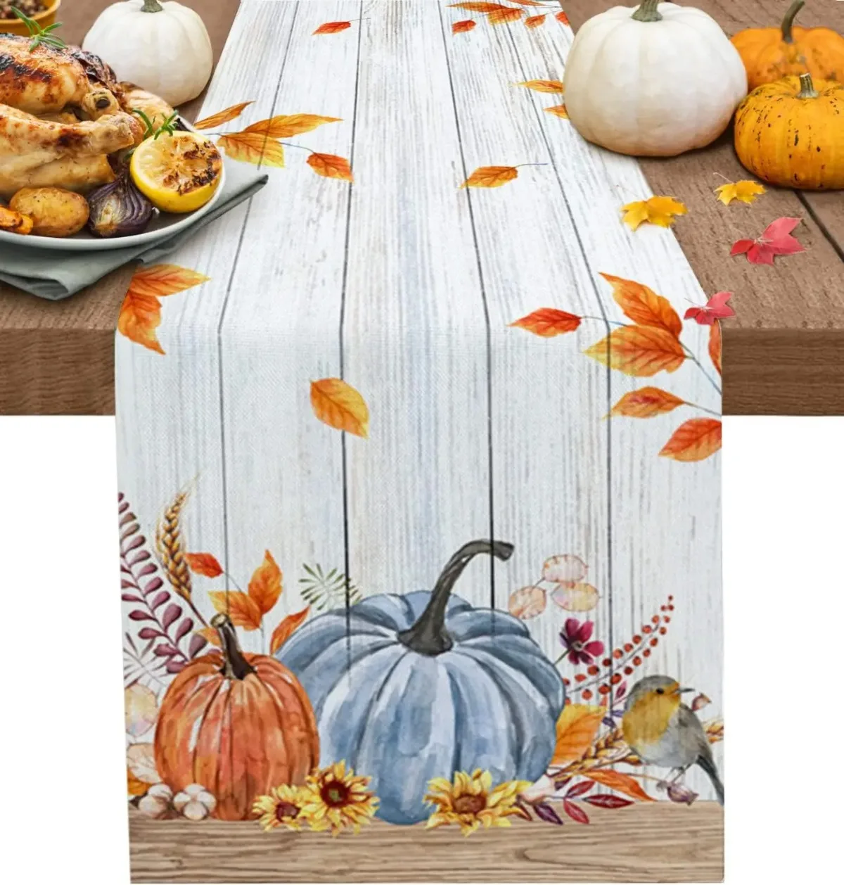 Autunno blu zucca uccello foglie d\'acero rustico venatura del legno Runner da tavola ringraziamento autunno comò sciarpa matrimonio festa Decor