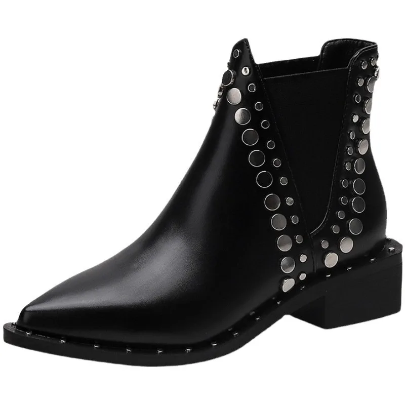 New British Style Thick Heel Leather Chelsea Short Boots Women Autumn Fashion Rivet Pointed Toe Mid Heels Ladies Motorcycle Boot