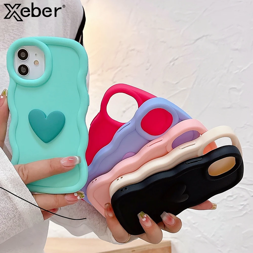 Cute 3D Love Heart Curly Wave Silicone Phone Case For iPhone 16 11 12 13 14 15 Pro Max XS XR 7 8 Plus Shockproof INS Candy Cover