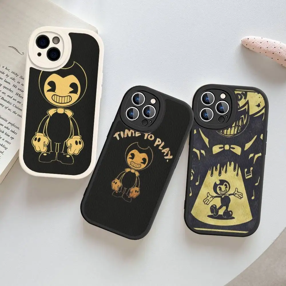 Jogo b-bendy e a tinta m-máquina caso de telefone de couro duro para iphone 16 15 14 13 12 mini 11 14 pro max xs x xr plus fundas