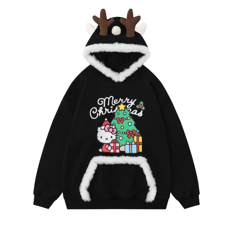 Hello Kitty Hoodie Miniso Thickening Soft Christmas Cat Sweatshirt Lovely Comfortable Versatile Couple Style Christmas Clothing