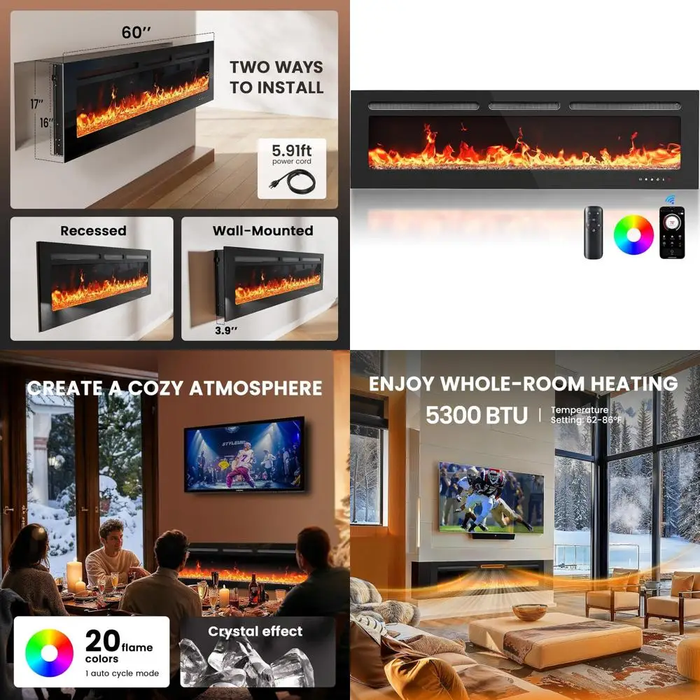 

Ультратонкий электрический камин-обогреватель 60, мощность 5300 BTU, настенный или встраиваемый, 20 цветов пламени, управление через приложение и пульт ДУ