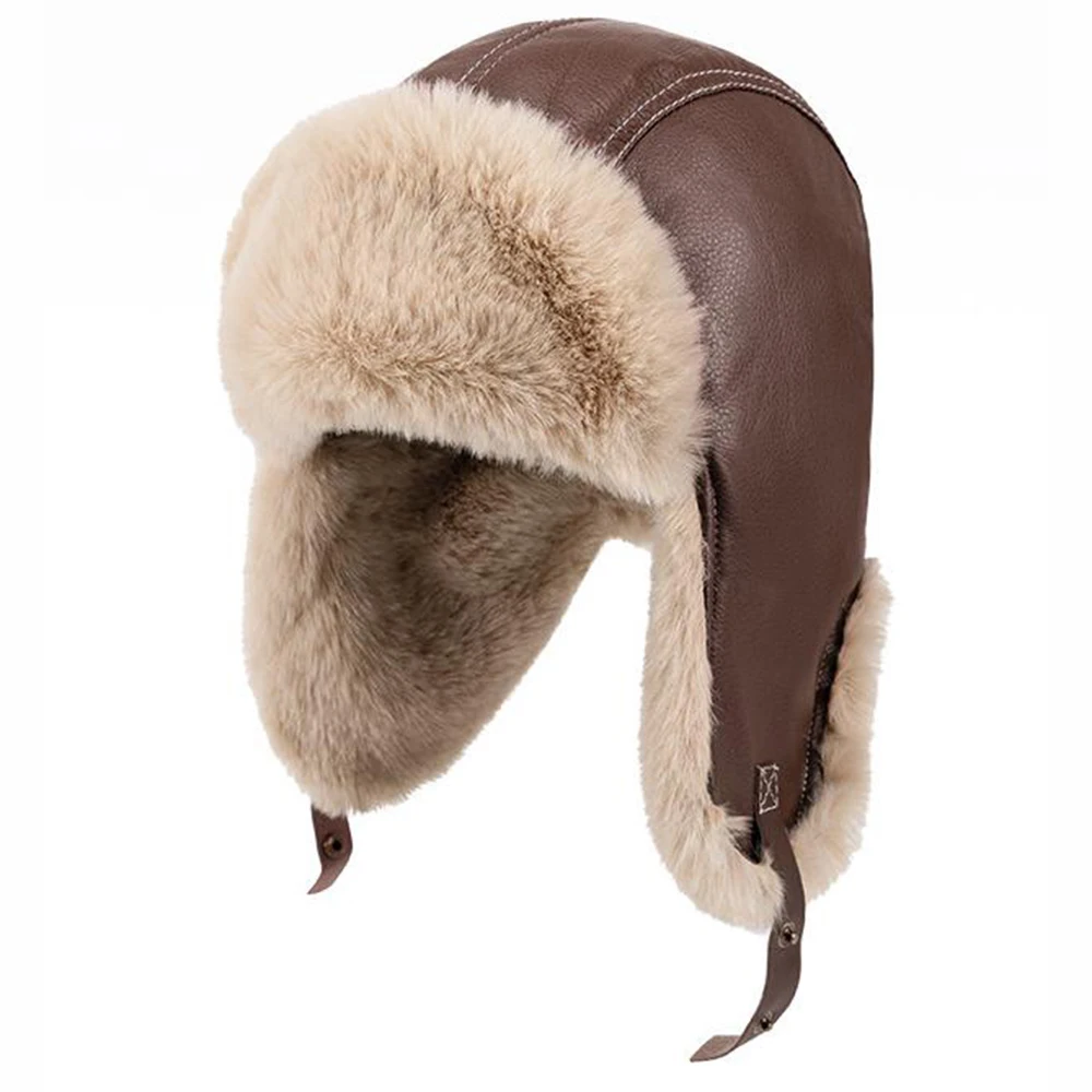 Gorro de piloto Retro, Protector de orejas grueso de invierno, gorra de locomotora, sombrero de bombardero de Material Pu para clima frío, Camping al aire libre