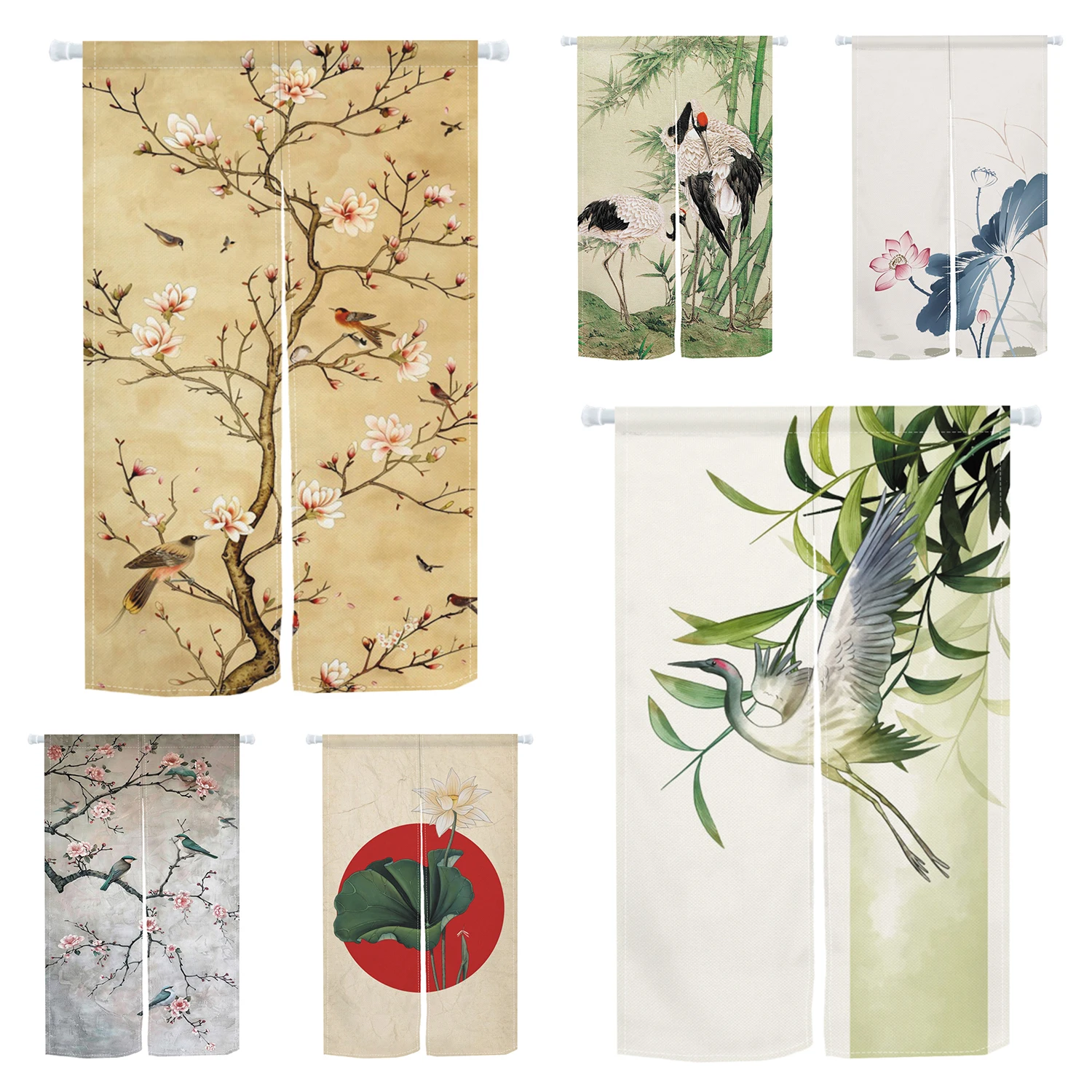 Chinese Vintage Flower Birds Door Curtain Japanese Noren Doorway Curtain Kitchen Room Partition Entrance Half Hanging Curtain