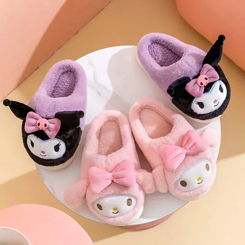 Sanrio Hello Kitty Plush Slippers Anime Character Kuromi My Melody Accessories Women\'s Home Kawaii Soft Sole Non Slip Slippers