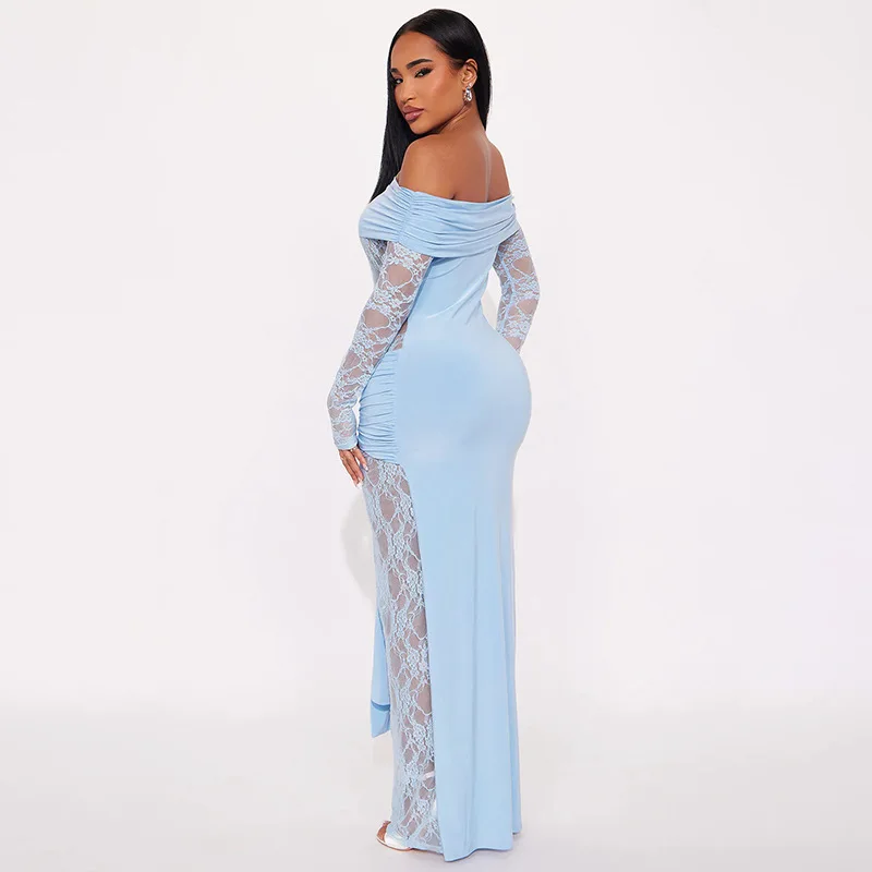 Leosoxs 2025 Fall Womens Patchwork Sheer Lace Off Shoulder Dress Sexy Slash Neck Long Sleeve Bodycon Evening Gown Party Clubwear