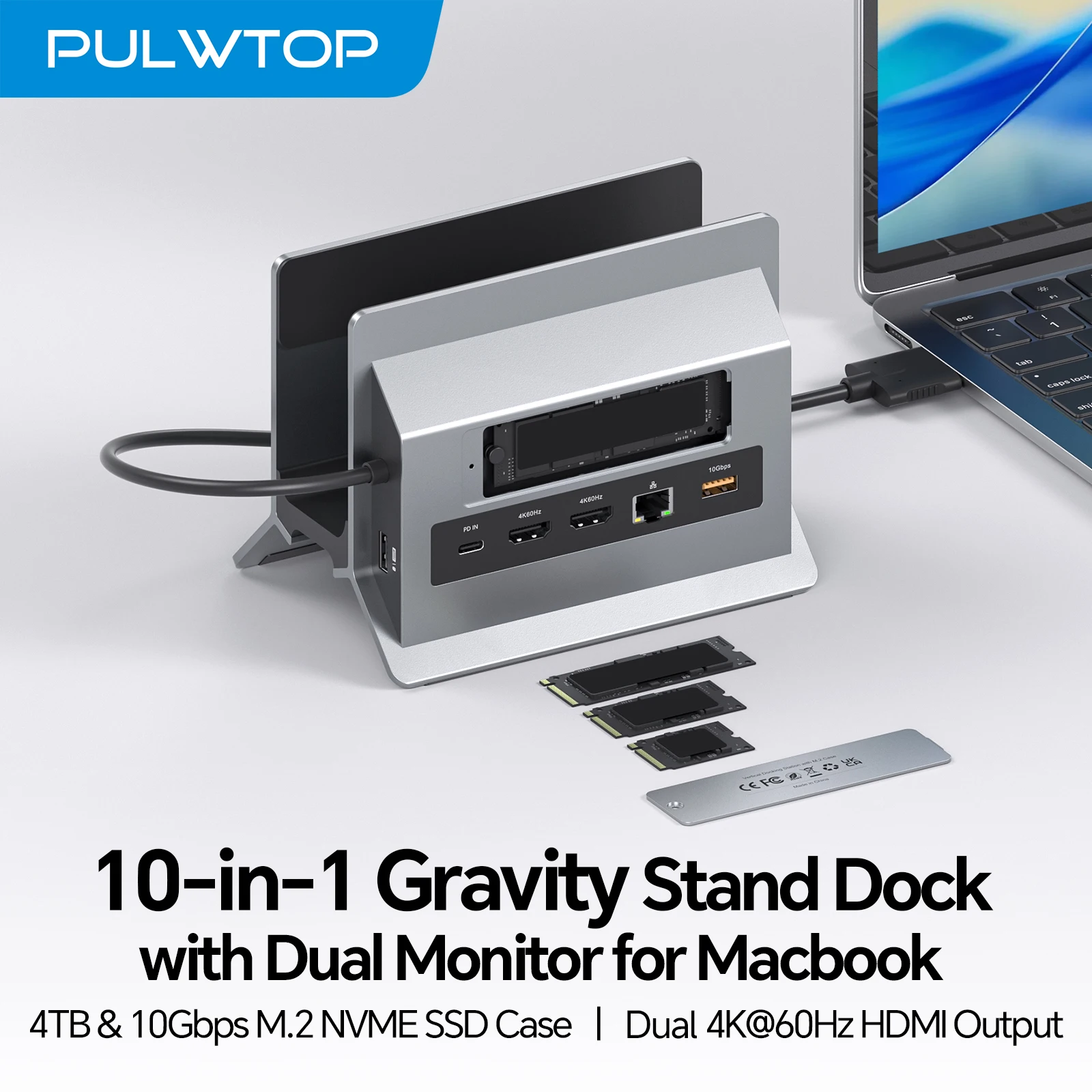 

Док-станция PULWTOP для MacBook с двумя мониторами, 2 порта HDMI 4K, USB A/C 10 Гбит/с, PD, Ethernet, SD/TF, для MacBook Pro/Air M3/M4/M5