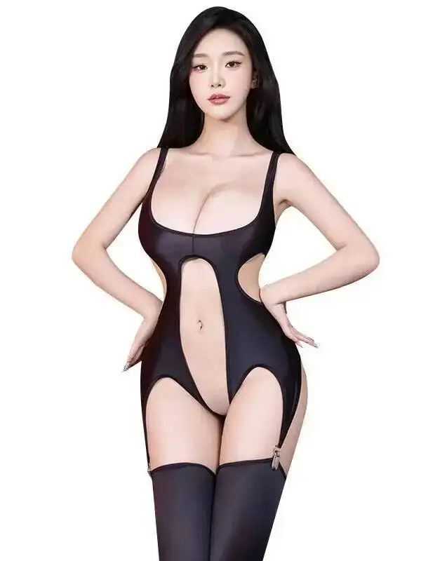 Sexy Hot High-Cut Sexy Tight High Elastic Glossy Pure Desire Passion Hollow Out One-Piece Bodysuit Women Rompers Clothing IXP8