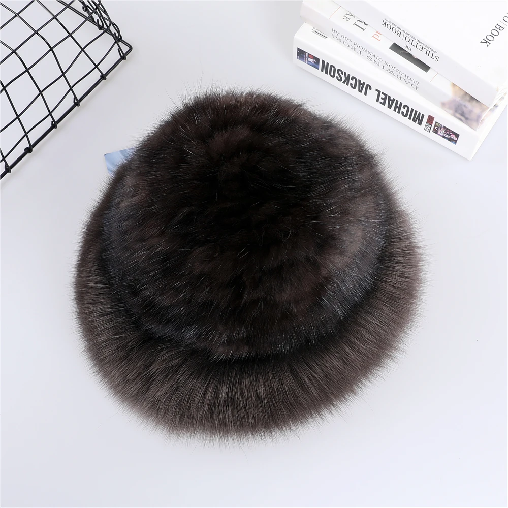 Women\'s Luxury Genuine Sable Fur Knitted Beanie Hat Bucket Caps Lady Fashion Fox Fur Trimming Mink Fur Hats Warm Soft Fluffy