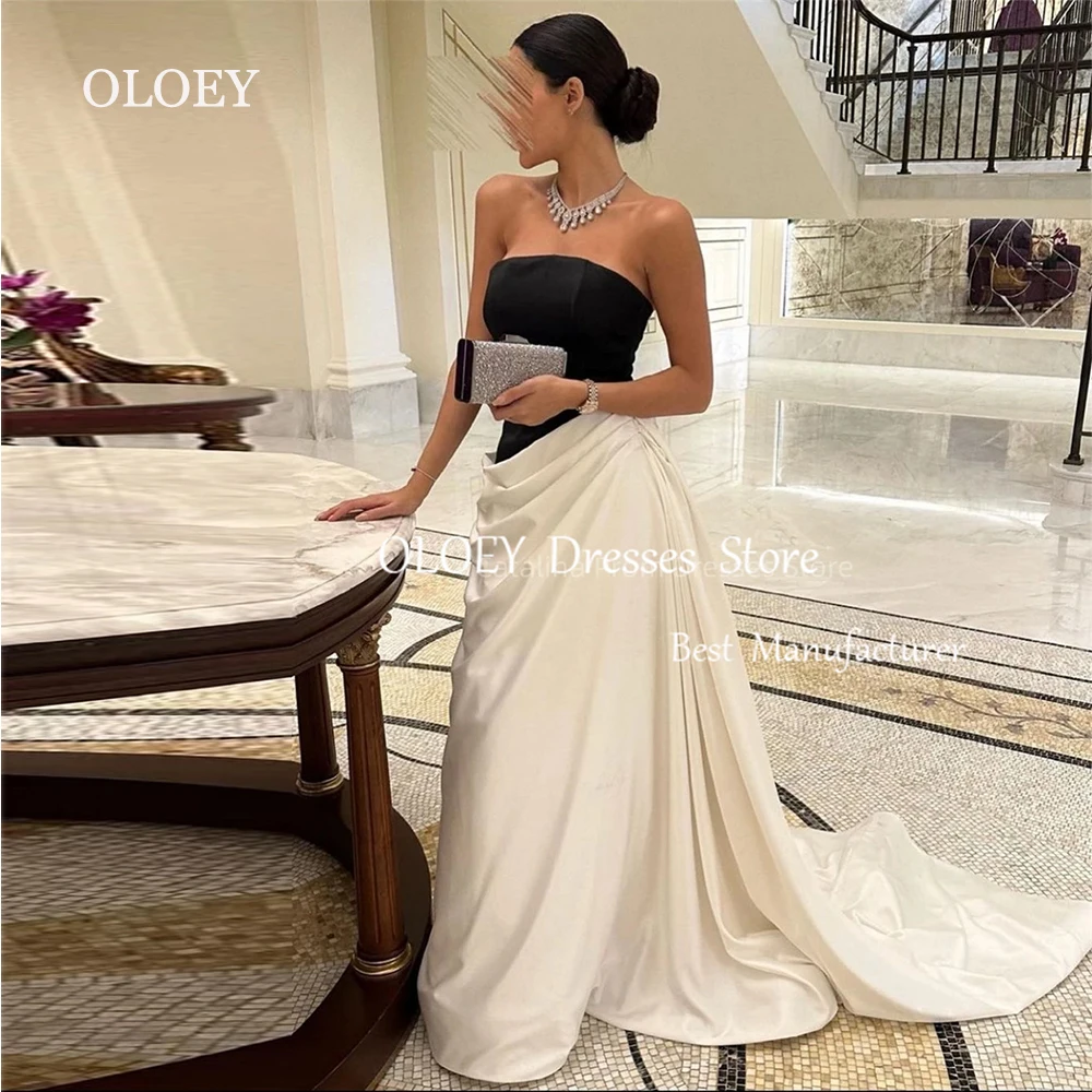 

OLOEY Custom Made Party Dresses White And Black Evening Strapless Satin Taffeta Pleats Women Long Prom Gowns Formal Dress