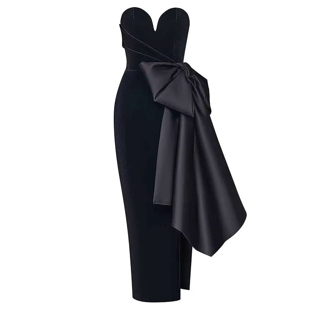 YUMDAI Black Crepe Irregular Evening Gown Elegant 2024 Strapless Bodycon Ball Gown Satin Bow Embellished Cocktail Dress