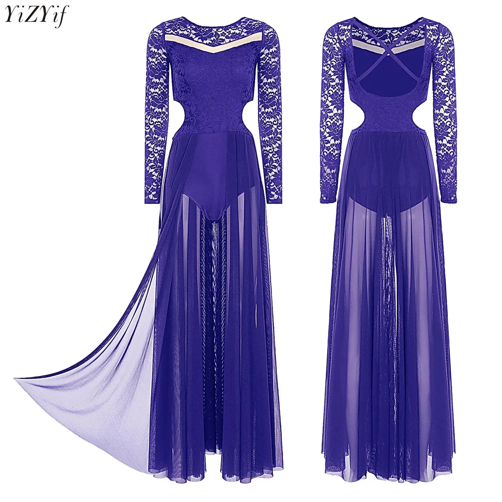 

Adults Womens Lyrical Dance Costume Floral Lace Long Sleeve Waist Sides Cut-Out Flowy Mesh Patchwork Leotard Dress Modern Dress