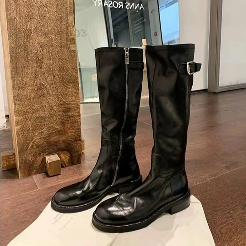 

Hot Selling Leather Thick Soled Knee High Boots for Women 2025 New Look Slim Brown Long Tube Boots High Tube Knight Boots