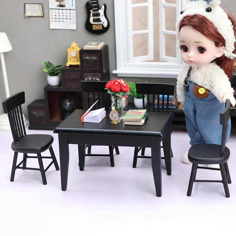 1:12 Poppenhuis Restaurant Micro-scène Model Speelgoed Miniatuur Eettafel Voedsel Spelen Zwarte Eetkamerstoel Set Poppenhuis Accessoires