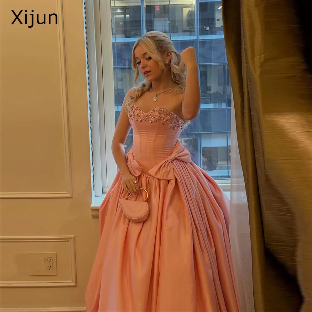Xijun Luxury Pink Satin Evening Dresses Sleeveless Sweetheart A-Line Prom Dresses Beads Bow Long Women Prom Gowns Customized