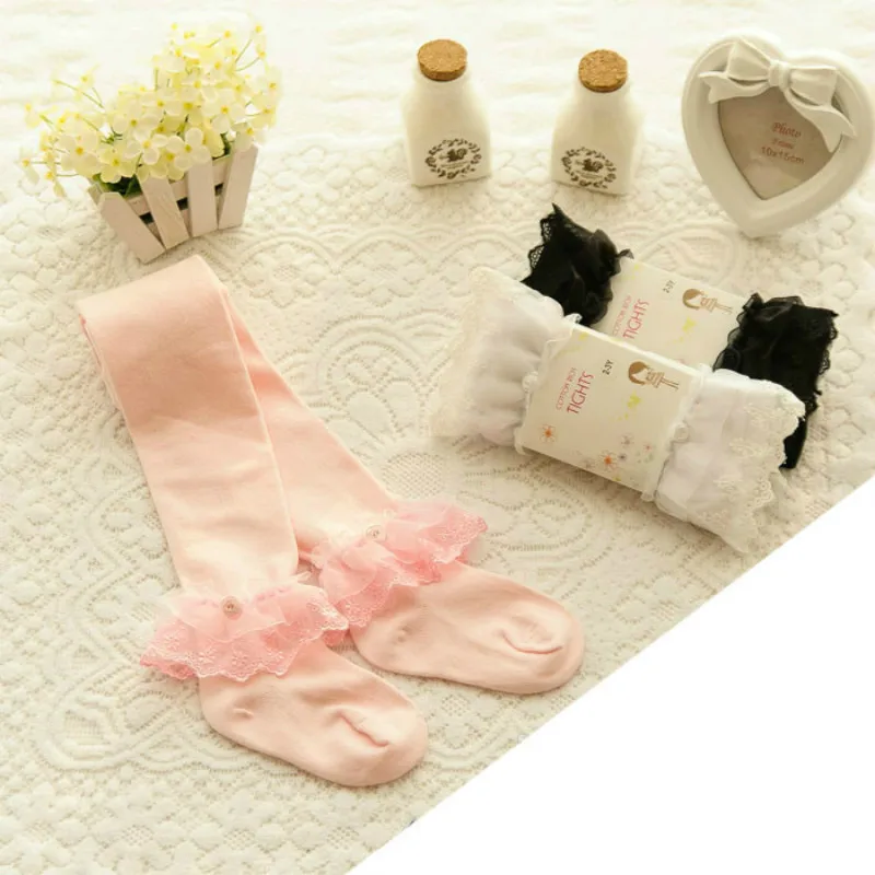 3 To 4 Years Old  Spring Autumn Baby Pure Color Children Combed Cotton Lace Leggings Princess Socks