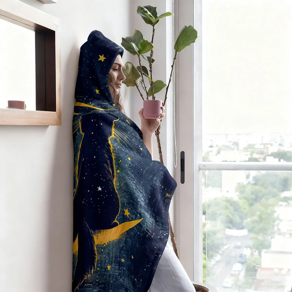 1pc Moon Cat Printed Flannel Hoodie Wearable Cloak Blanket Soft Warm Multi Size Casual Blanket Machine Washable