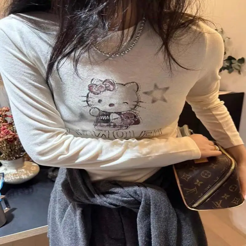Sanriio Hello kitty Girl's Heart Cartoon KT Printed Base Long Sleeved T-shirt Autumn Winter New Style Versatile Slimming Top Set
