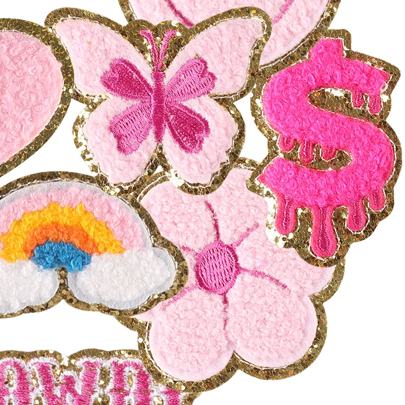 11 teile/los Chenille Nette Nähen Eisen Auf Patches Für Kleidung Gestickte gemischte Jacke Kinder Aufkleber Rosa Herz Applikationen Glitter diy – Detail 5