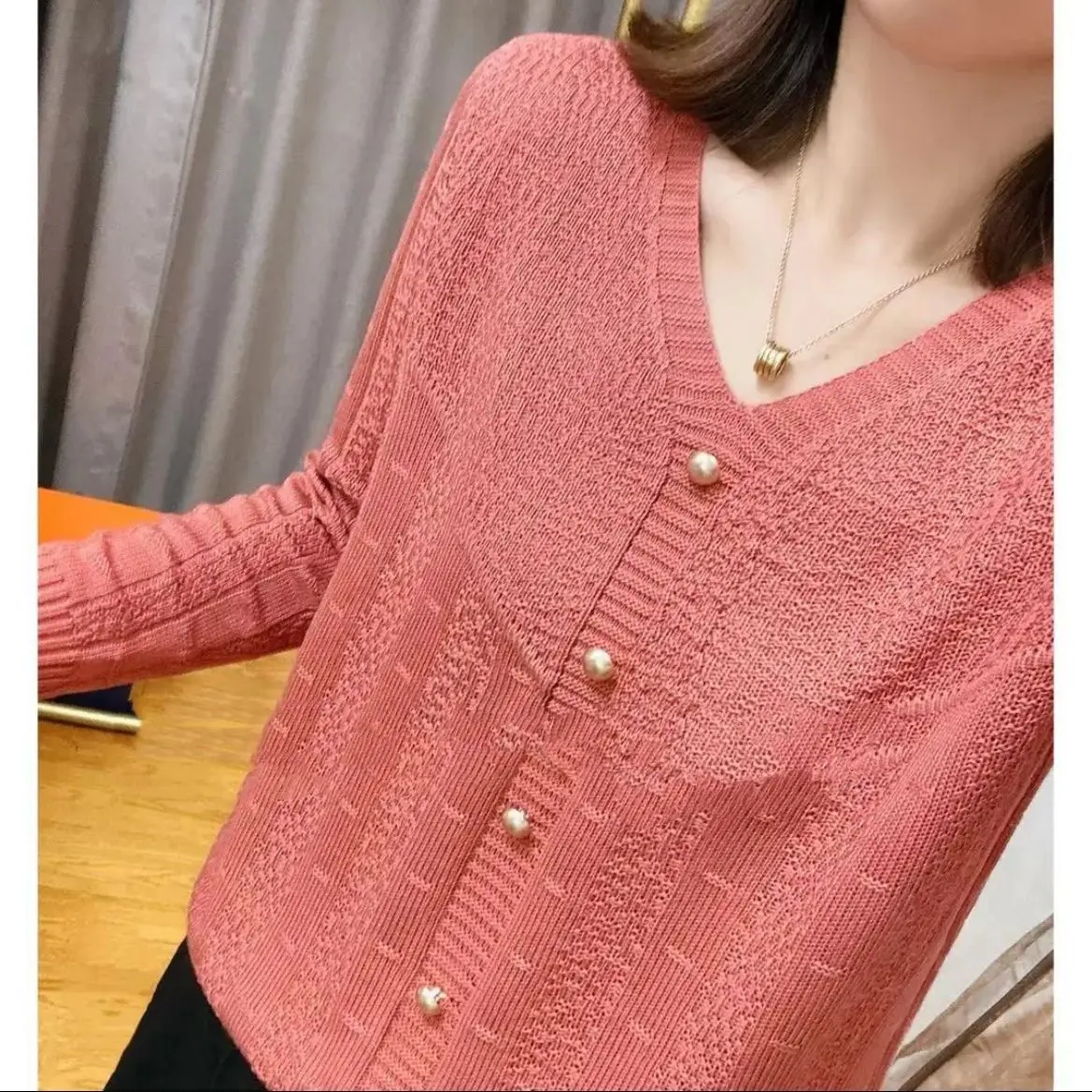 New Spring Autumn Women Stylish Chic Hollow V Neck All Match Knitted Sweater Simple Casual Long Sleeve Solid Loose Pullover Tops