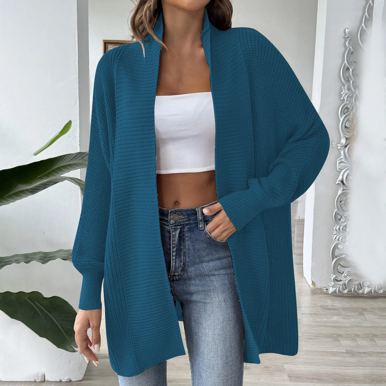 Solid Color Simple Cardigan Temperament Ladies High-End Knitted Sweater Coat Long Sleeves Buttonless Versatile Long Cardigan﻿