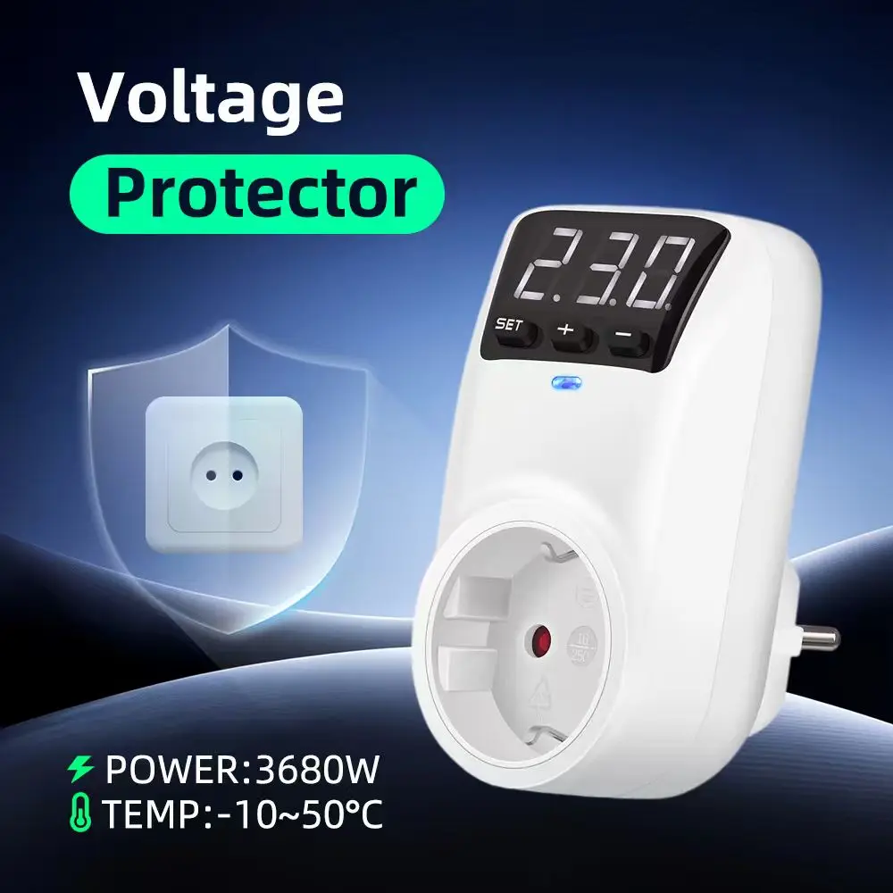 Home Automatic Voltage Protector EU US Plug Appliances with Adjustable 230V/110V Settings - 16A/15A Surge Protection Socket