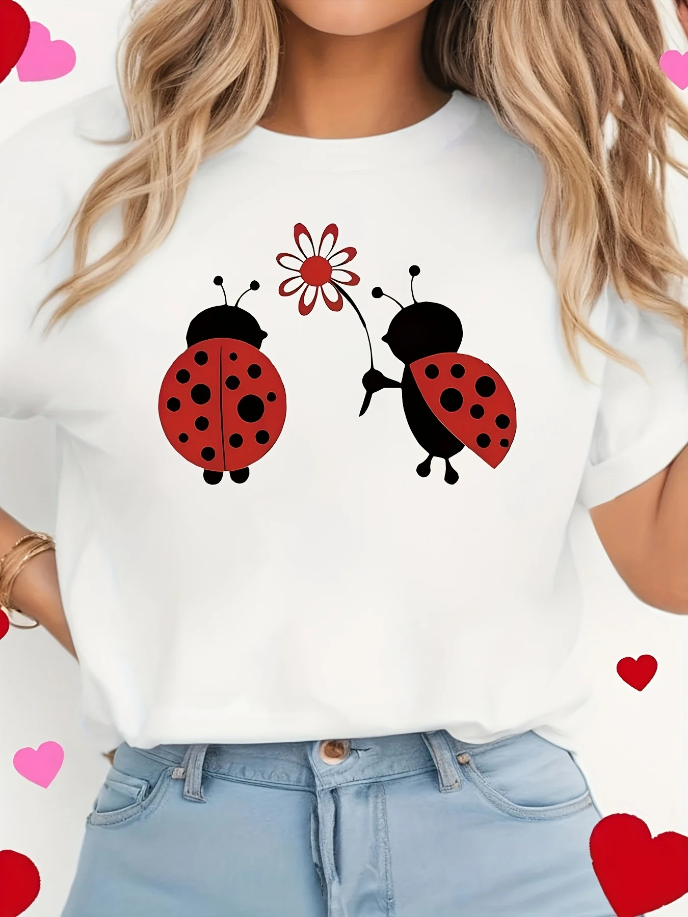 Women's Cute Two Ladybug Print Sleeve Crew Neck Blouse with Dots Medium Comfortable Casual Attire for Parties Picnics Outfits