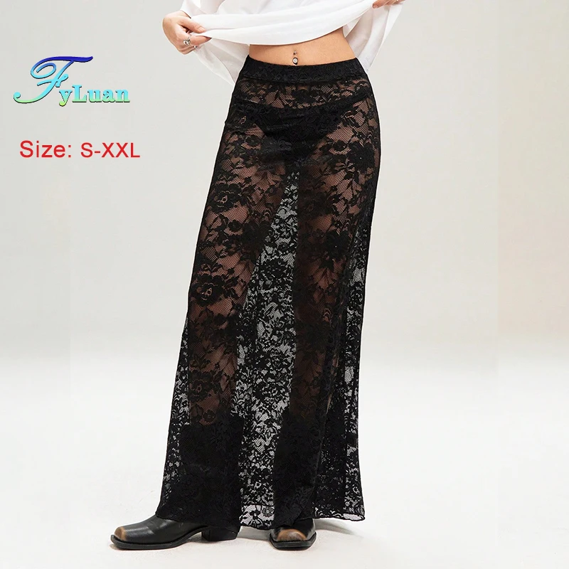 

2025 Summer New Women's Skirt Black Sheer Lace Jacquard Sexy High Waist Long Skirt Fashion Streetwear Vintage Female Maxi Skirts