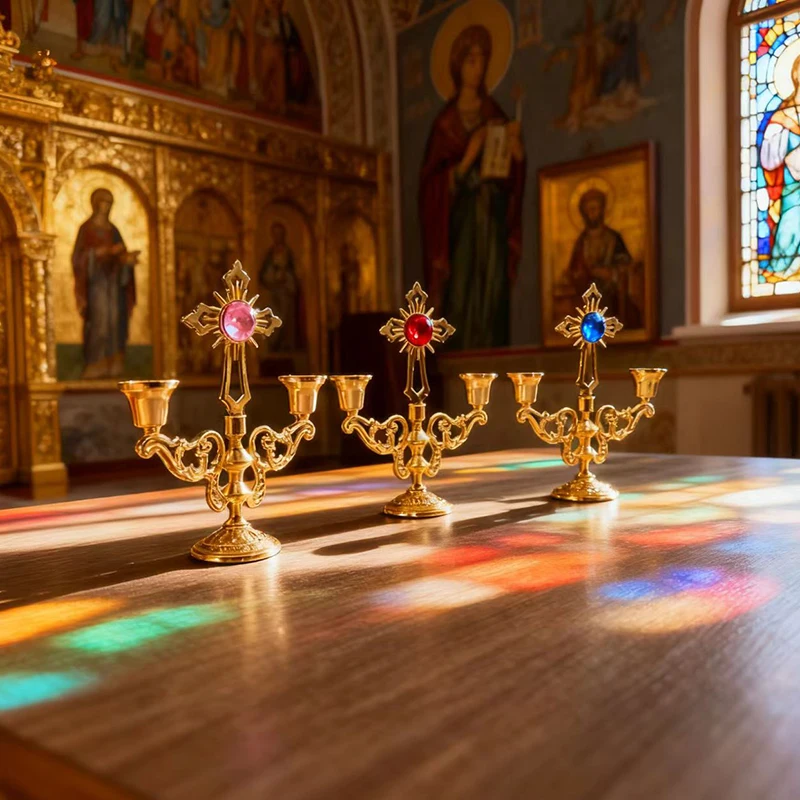

New 2026 High Quality Metal Hand-Painted Candle Holders For Small Jesus Statue Crosse Candlestick in Eastern Orthodox Churches