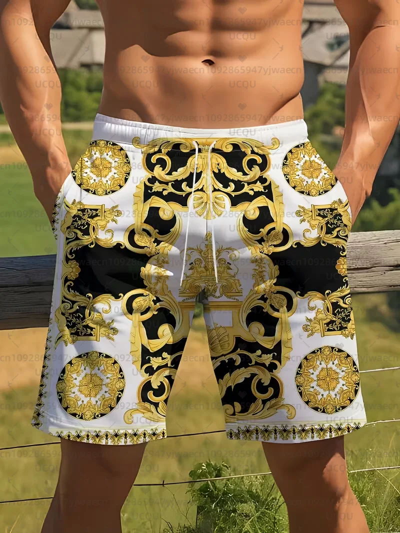 

Summer Men Board Shorts Light Luxury Gold Print Quick Dry Hawaiian Beach Shorts Men Clothing Vacation Trunks Drawstring Elastic