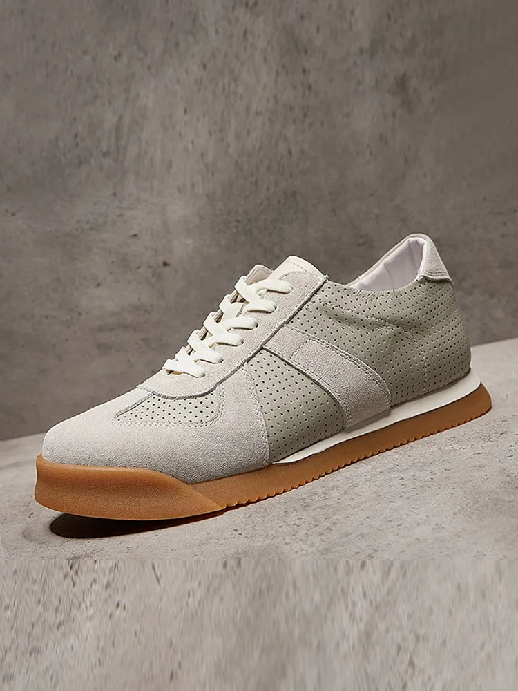Leisure Men Versatile Solid Color Genuine Leather Mesh Sneakers Comfortable Round Toe Breathable Cowhide Lace-Up Casual Shoes