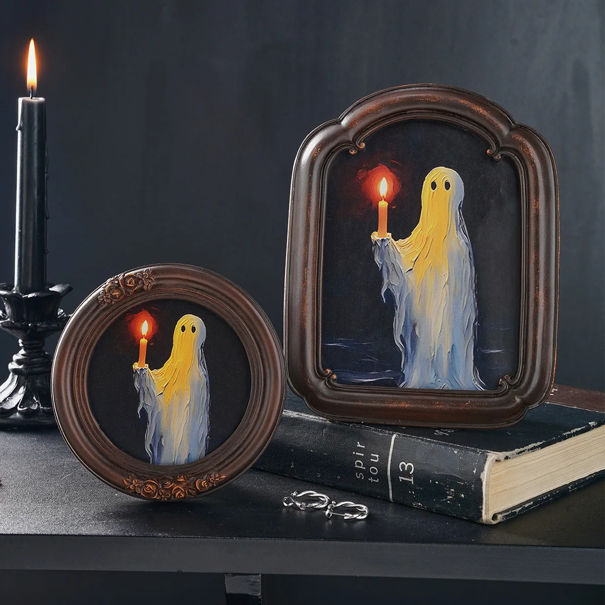 1PC Halloween party Halloween resin material black and brown ghost-holding candle small flower table decoration photo frame