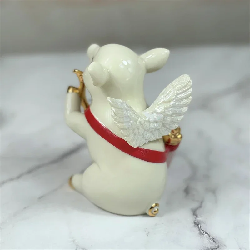 Cute Winged Angel Pig Cupid Ceramic Ornament Gold Plated Bow Love Figurine Valentine Wedding Gift Home Desktop Bedroom Decor