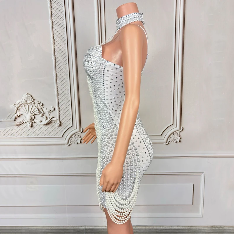 화이트 펄 라인스톤 이브닝 드레스 여성 파티 재즈 댄스 의상 무대 공연 의상 나이트클럽 바 페스티벌 의상 9692