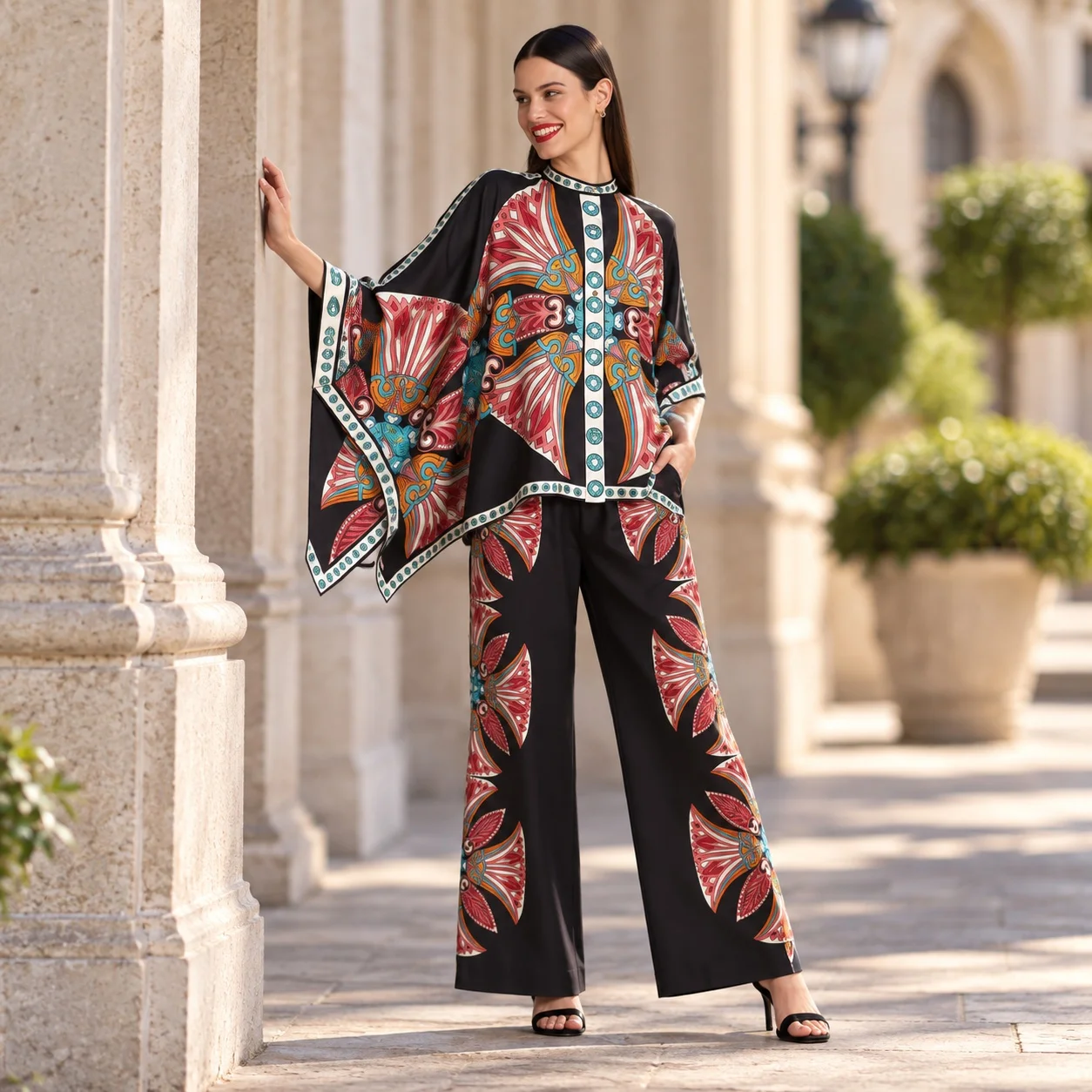 Printed 3D Pattern Set Full Length British Style with Capri Sleeve Summer Elegant Commuter Casual Long Pants Elegant Women Sets