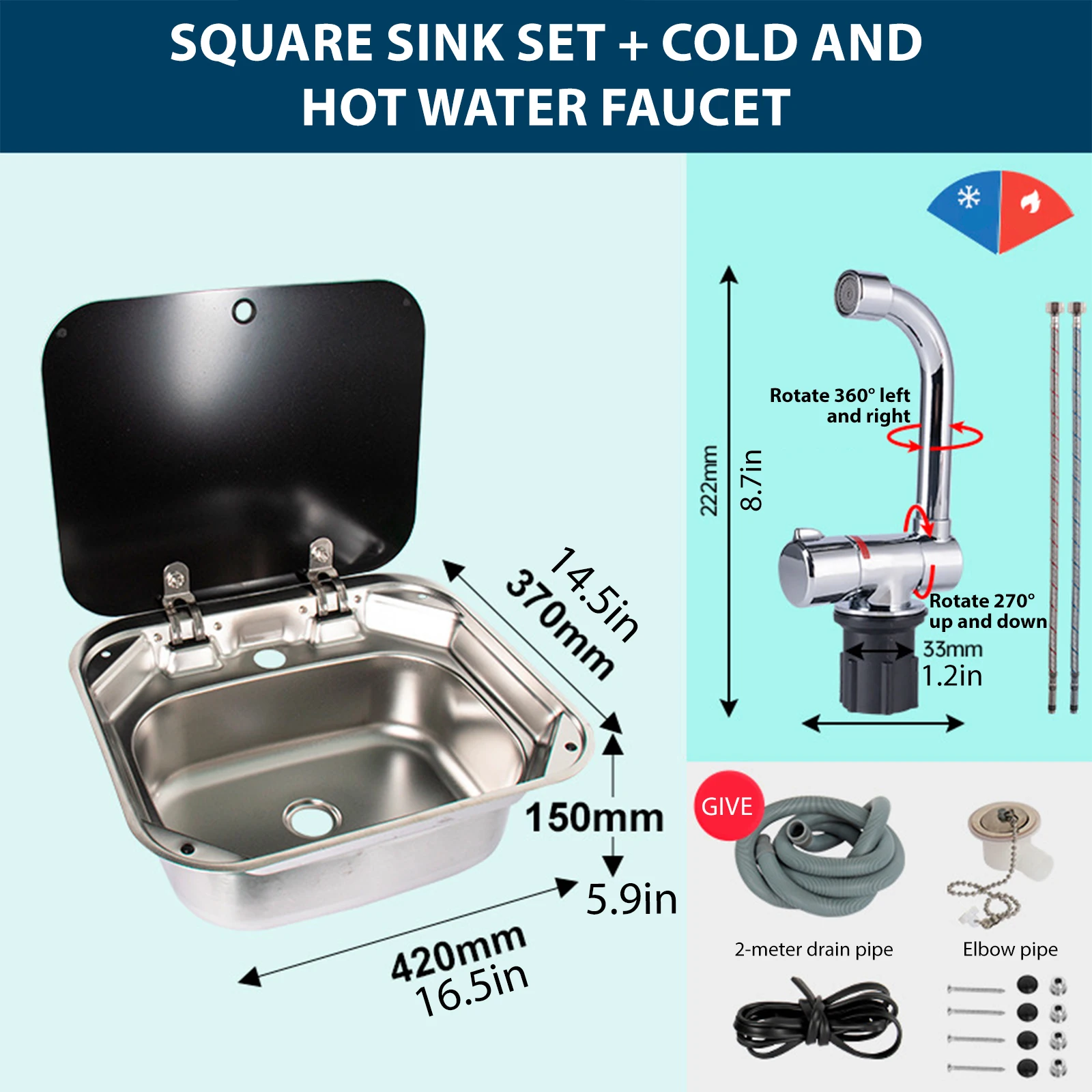 Steel Hand Wash Basin Sink with tap with Folded Faucet Tempered Glass Lid van Camper Trailer Accessories for RV Caravan or Boat