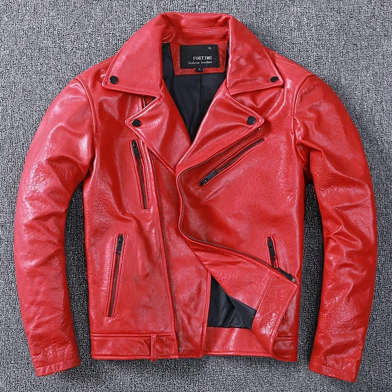 Nova primavera curtida pele de carneiro couro genuíno jaqueta da motocicleta dos homens macio vermelho fino ajuste roupas zíper oblíquo moda casaco masculino