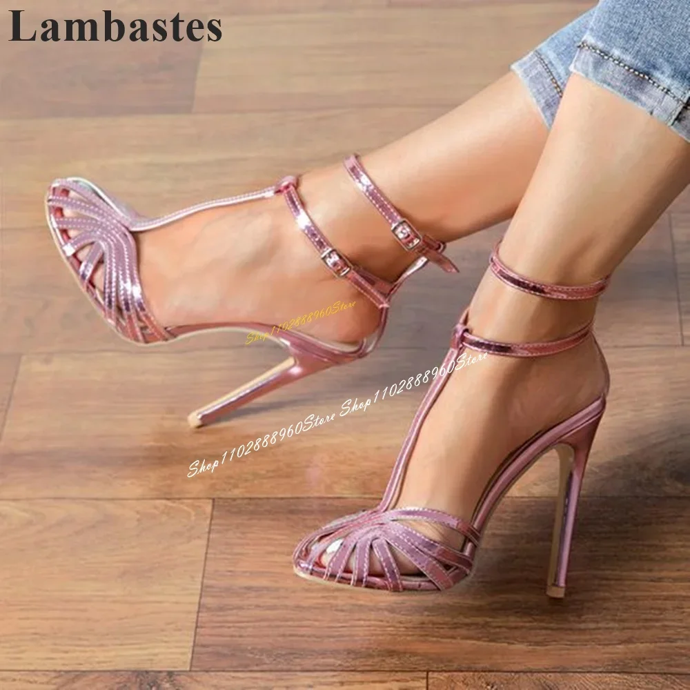 

Luxury Pink Metallic Narrow Strappy Sandals Thin High Heel Shoes For Women Ankle Buckle Strap Round Toe 2024 Zapatillas Mujer