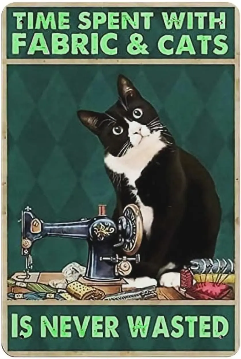 Sewing is Never Wasted Black Cat decor Craft room Retro coffee decorations for kitchen Signs Metal Tin Sign home goods gift card