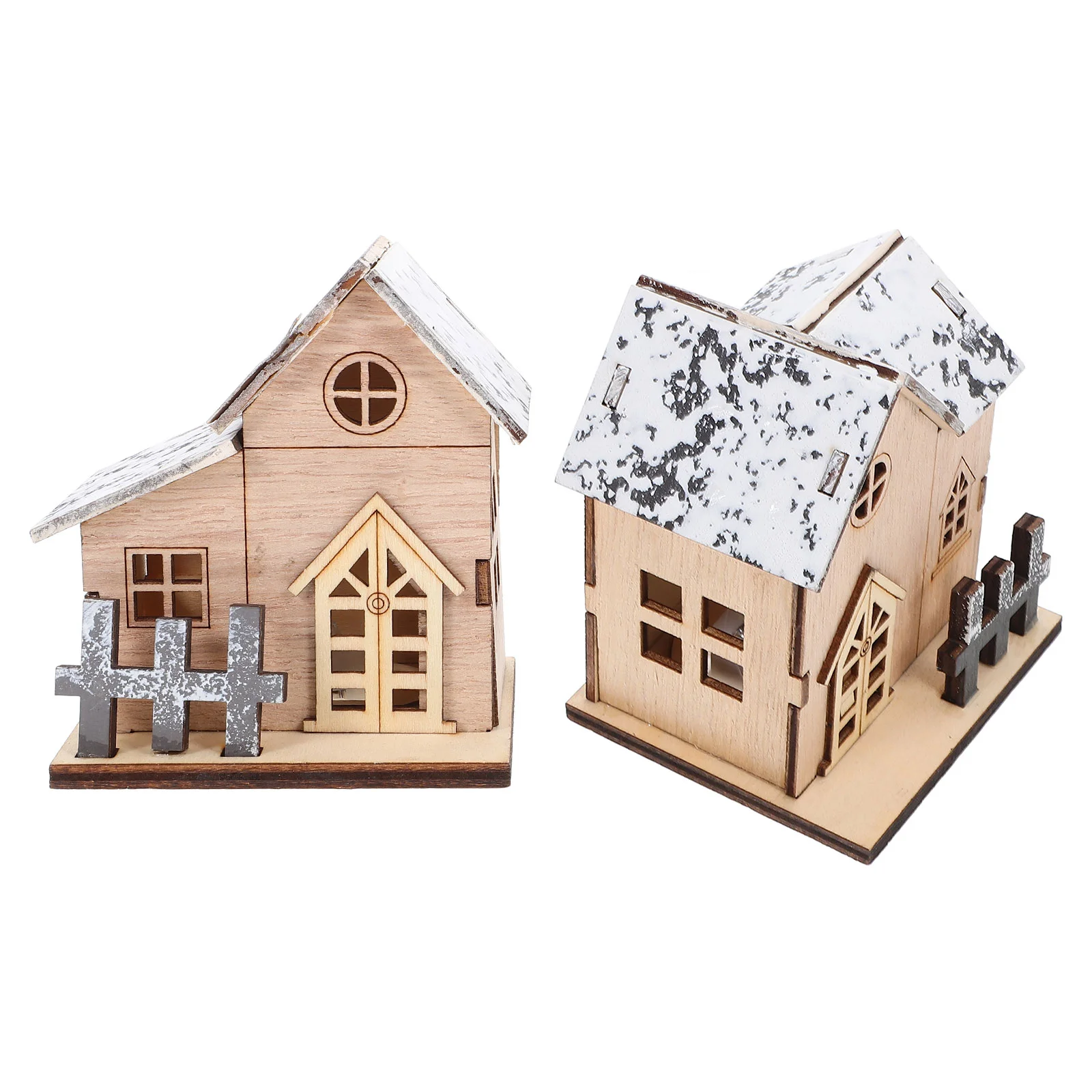 2 Pcs Christmas Wood Lights Gingerbread Ornaments Desktop Wooden House Crafts Tabletop Adornments Model Electronic Component