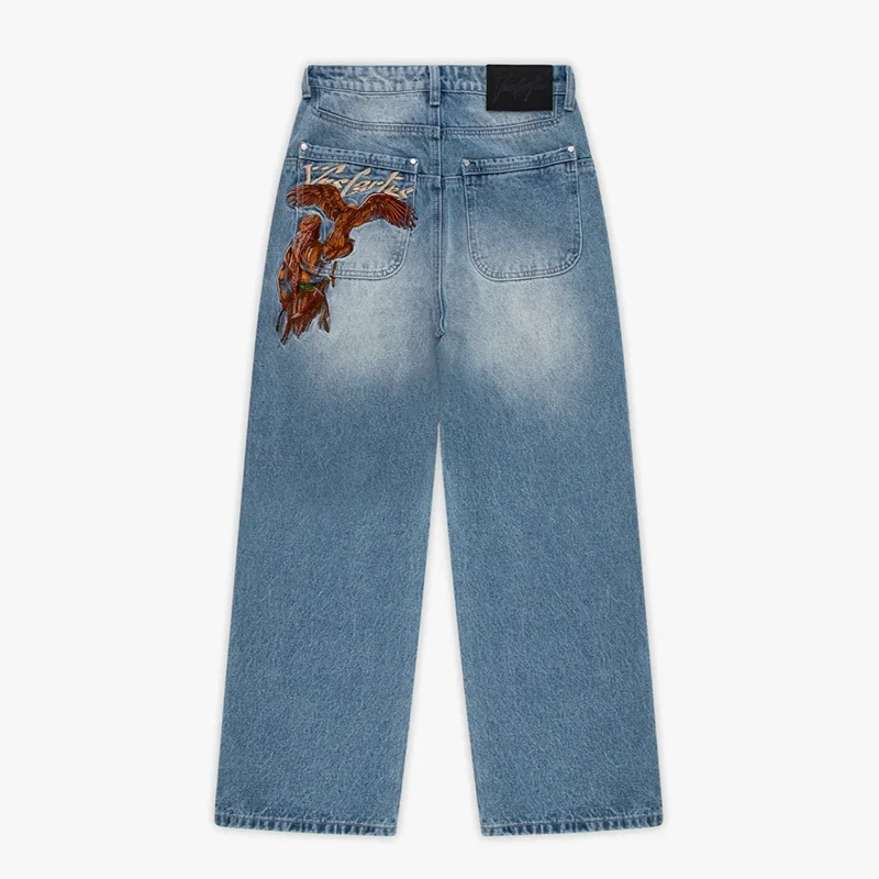 Y2K الجينز المغسول المتعثرة خمر النسر التطريز عالية الخصر مريحة واسعة الساق الجينز الرجال النساء موضة الهيب هوب الشارع الشهير